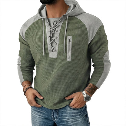 Colorblock Hooded Waffle Henley Shirts