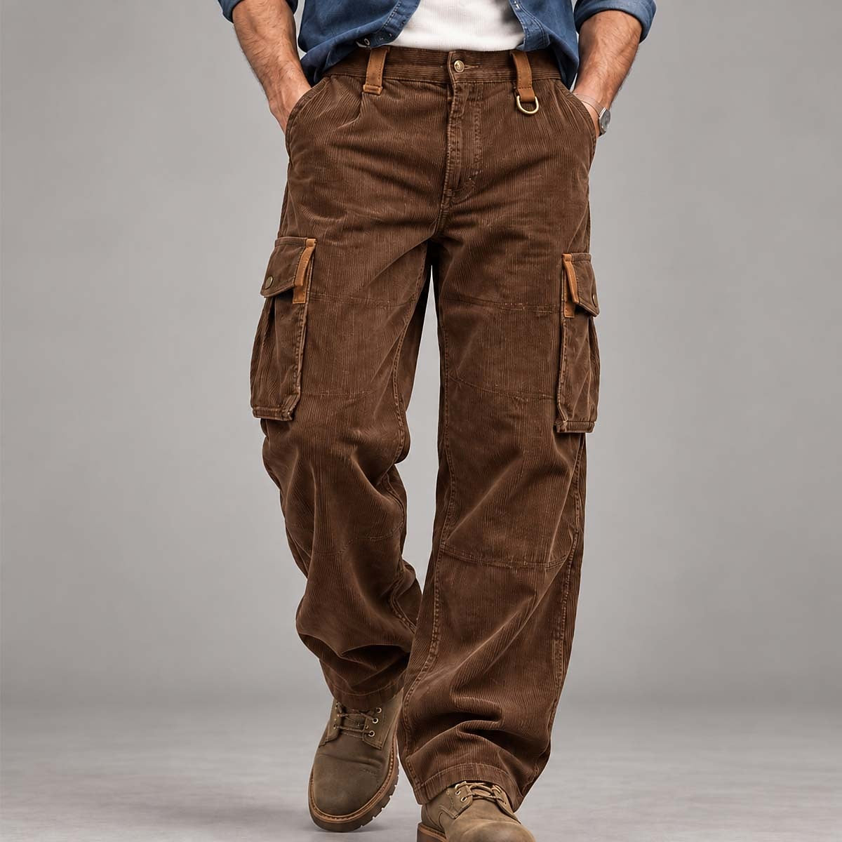 Textured Corduroy Cargo Pants With Pockets