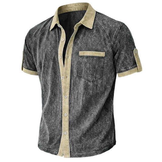 A men's short-sleeve button-up shirt with a dark gray mineral-wash texture and contrasting beige trim on the collar, placket, pocket, and sleeve cuffs