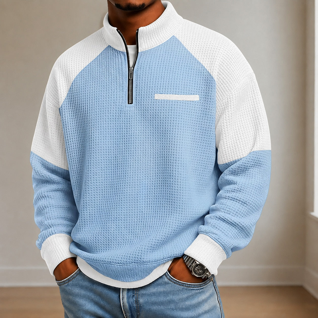 Textured Colorblock Banded Collar Waffle Polo
