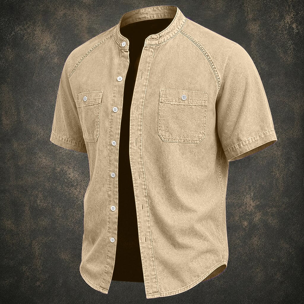 Washed Cotton Grandad Collar Shirt