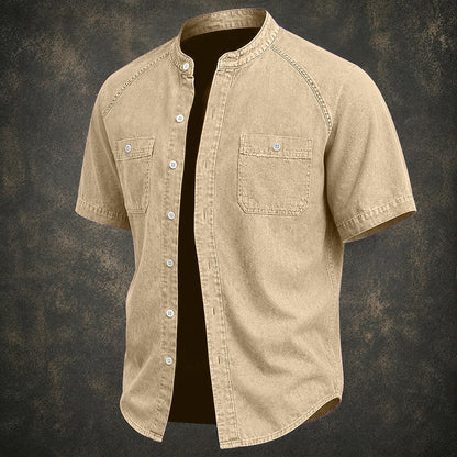 Washed Cotton Grandad Collar Shirt