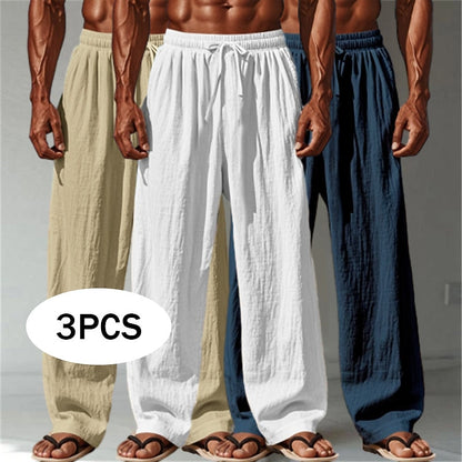 3PCS Cotton Linen Pants - Baggy Drawstring Casual Pants