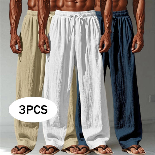 3PCS Cotton Linen Pants - Baggy Drawstring Casual Pants