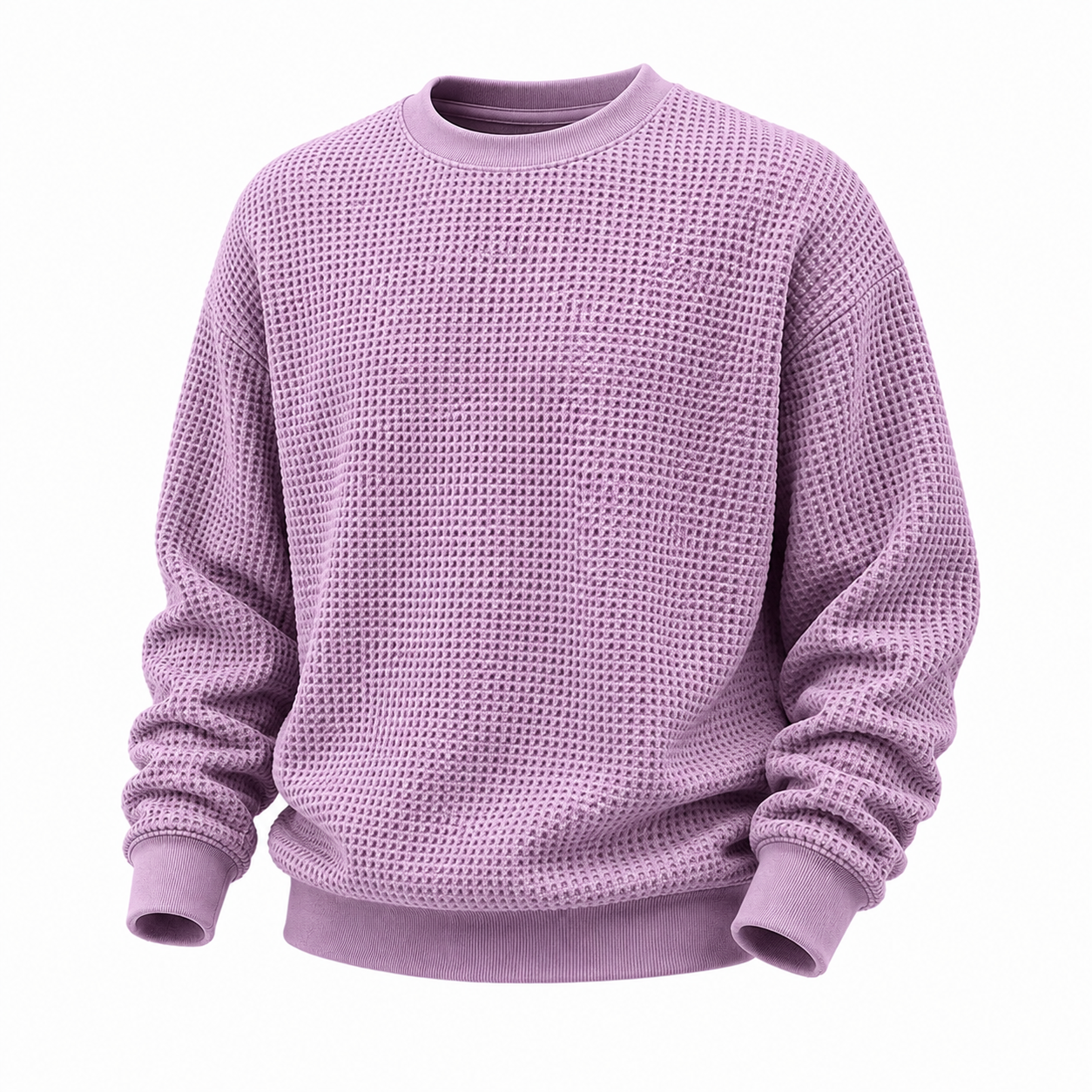 A light purple waffle-knit crewneck sweatshirt with ribbed cuffs and hem, shown against a plain white background.