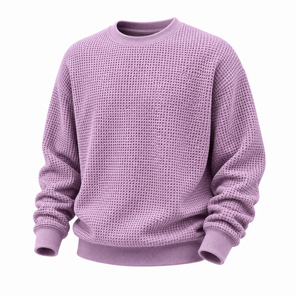 A light purple waffle-knit crewneck sweatshirt with ribbed cuffs and hem, shown against a plain white background.