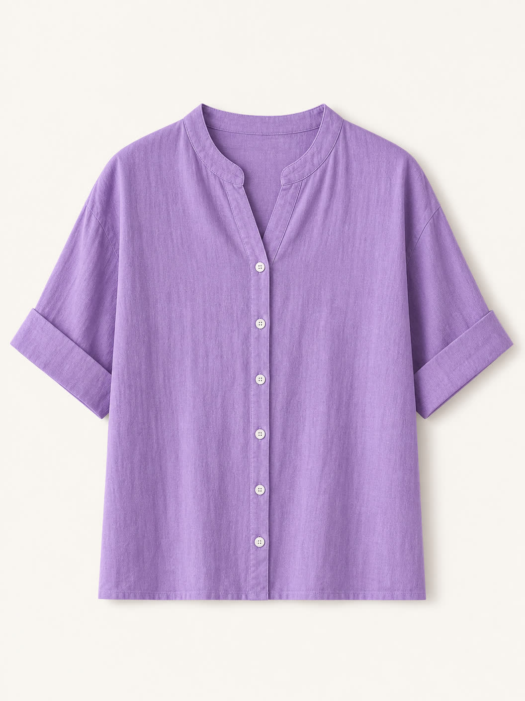 LoomBasics purple V-neck 100% cotton blouse with short rolled sleeves