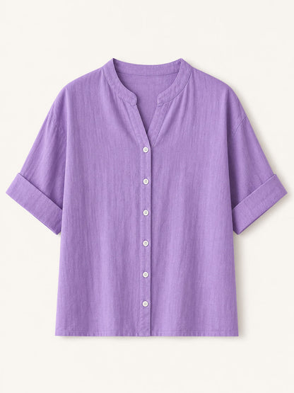 LoomBasics purple V-neck 100% cotton blouse with short rolled sleeves