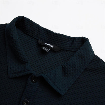 Basic Waffle Polo Shirt-Casual Short Sleeve Men's Top