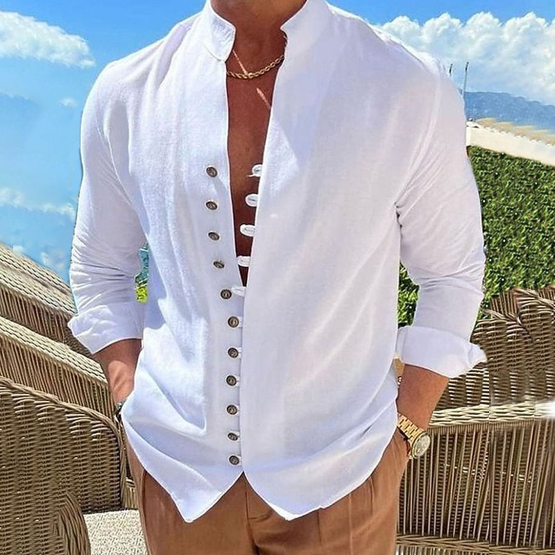 Men's Cotton Linen Shirt- Button-Up Band Collar