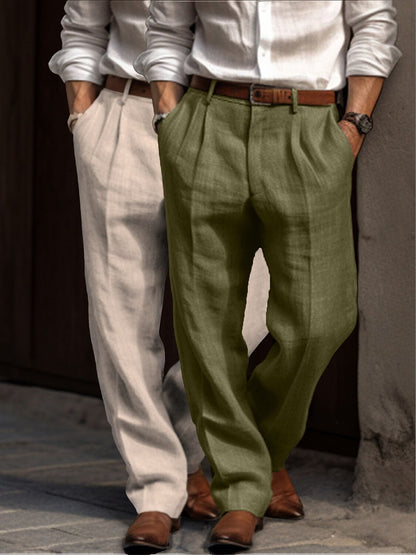 Men's Linen Dress Pants - Pleated Pants Straight Leg for Summer Comfort