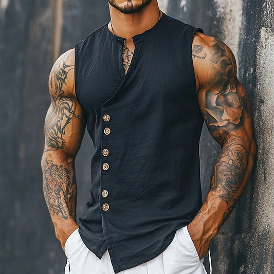 Men’s Sleeveless Linen Shirt - Mandarin Collar