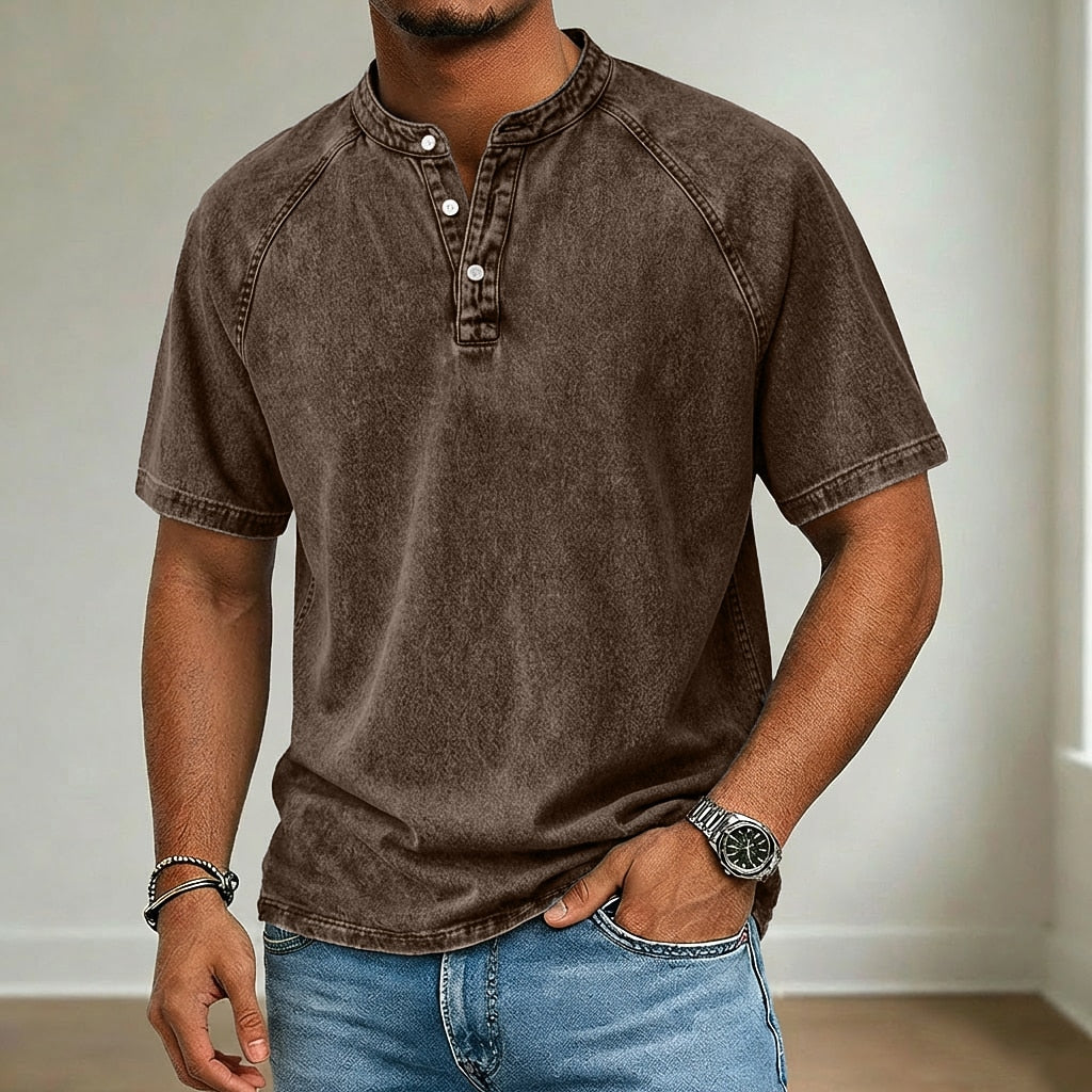 Retro 100% Cotton Demin Henley T-Shirt