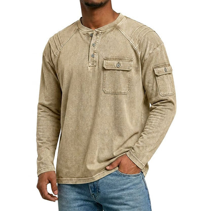 Vintage Stand Collar Washed Cotton Henley