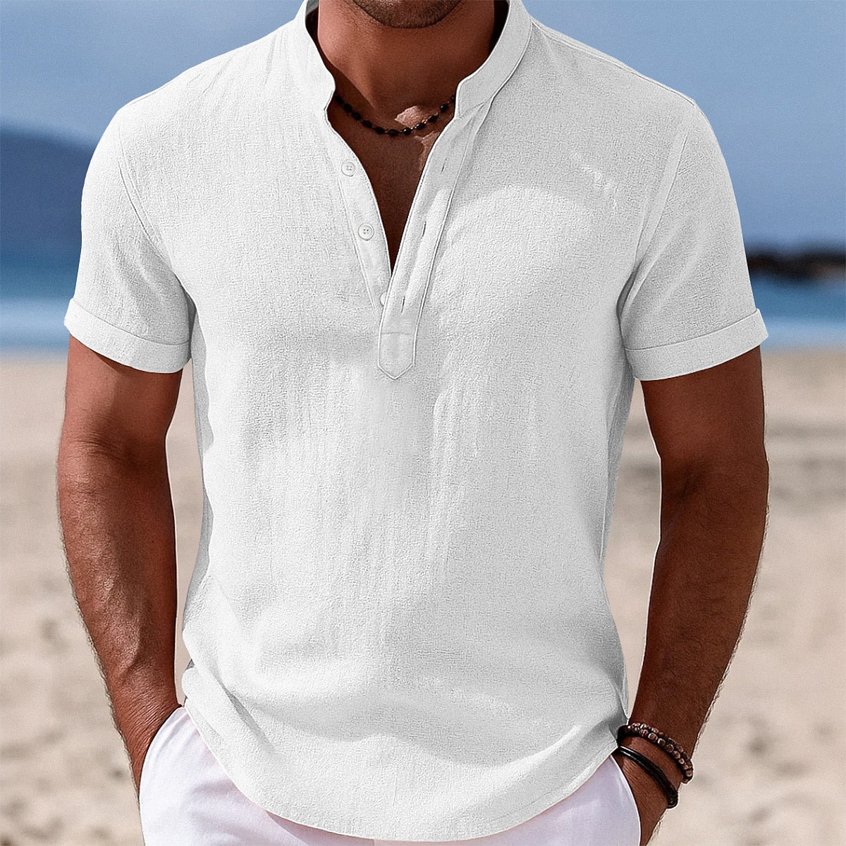 Cotton Linen Shirt with Band Collar Design