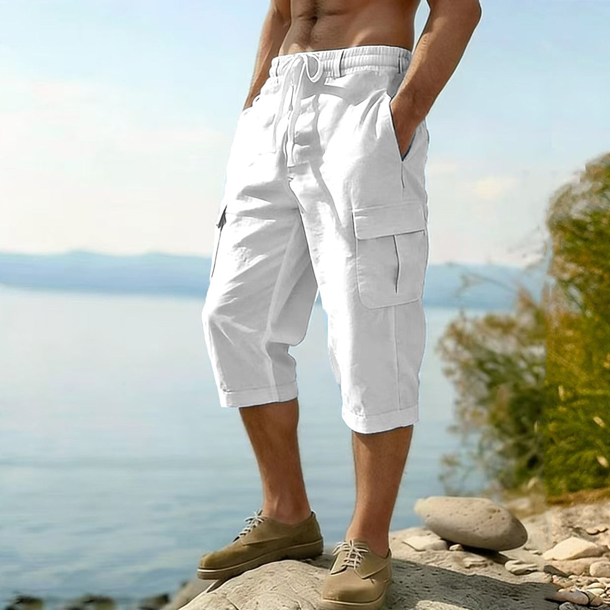 Men's Cotton Linen Shorts - Elastic Waist Multi Pockets