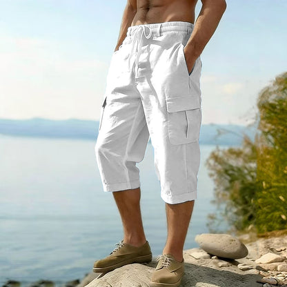 Men's Cotton Linen Shorts - Elastic Waist Multi Pockets