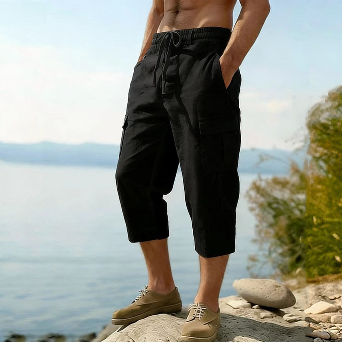 Men's Cotton Linen Shorts - Elastic Waist Multi Pockets