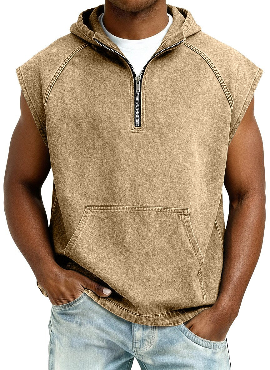 Men's Acid Washed Cotton Tank Top -Sleeveless Hooded Zip Top