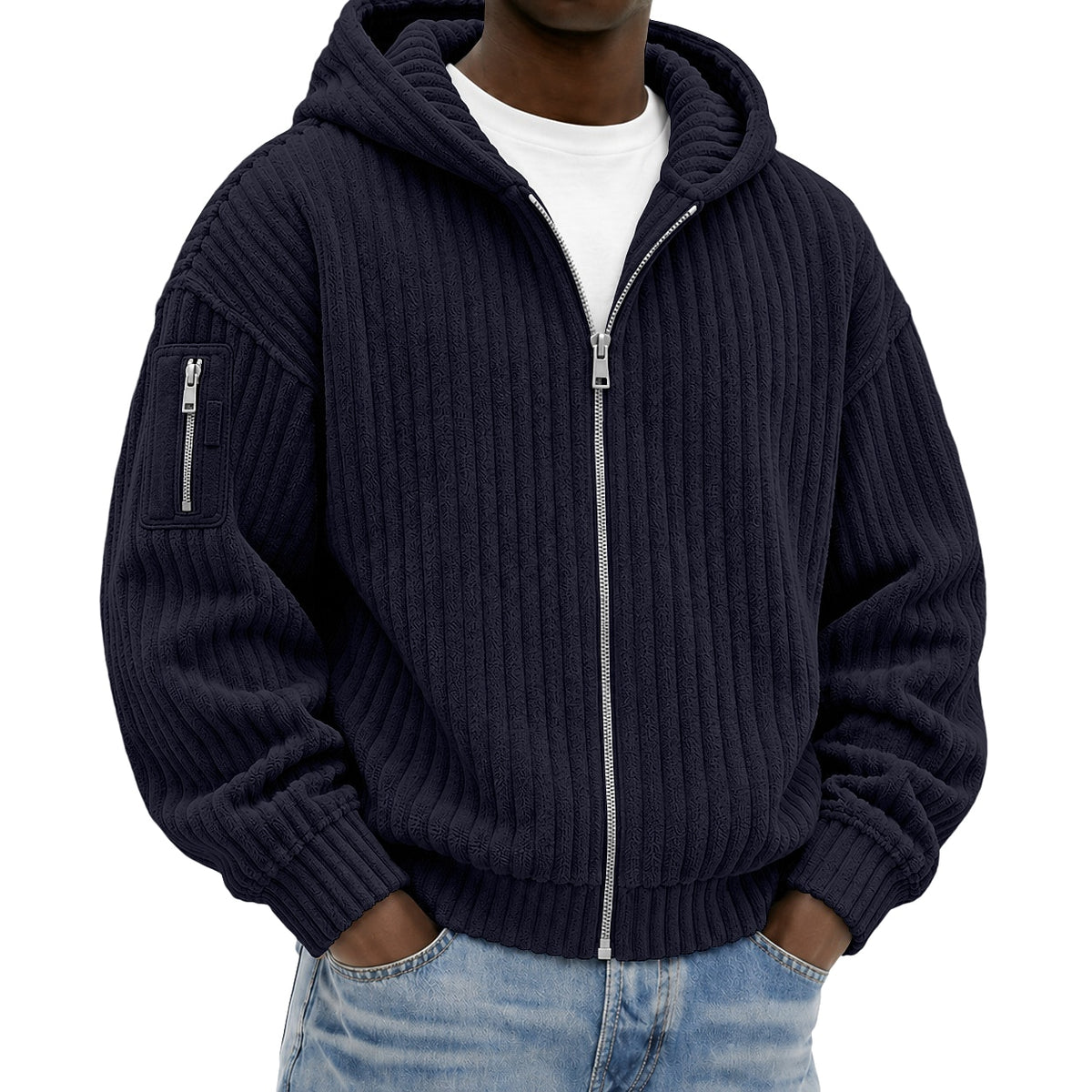 Full Zipped Textured Corduroy Hoodie