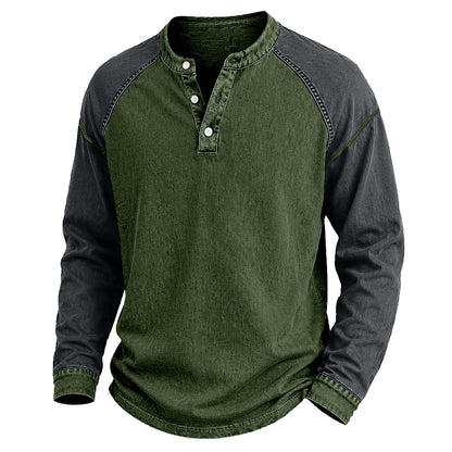 Colorblock Washed Cotton Henley Shirt