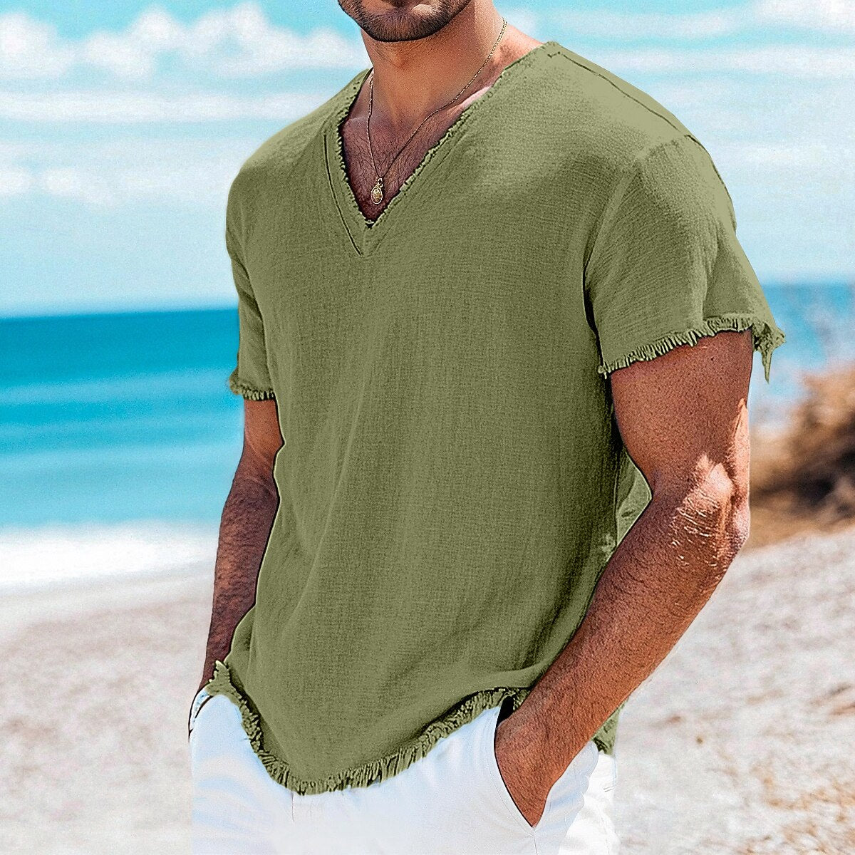 Breathable V-neck Linen Shirt