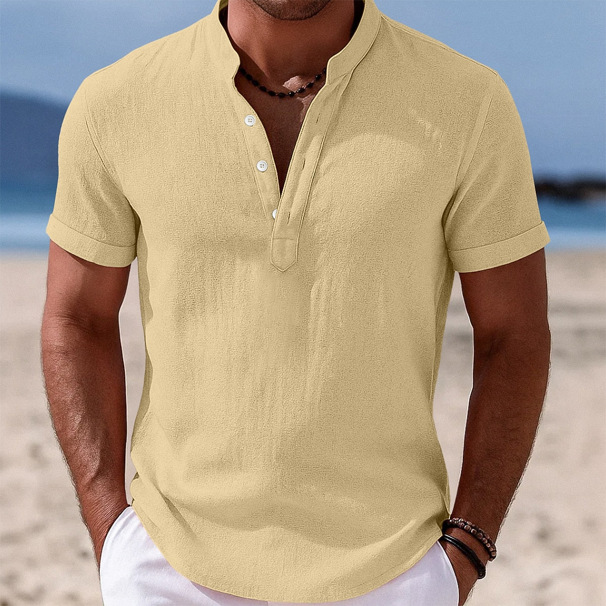 Cotton Linen Shirt with Band Collar Design