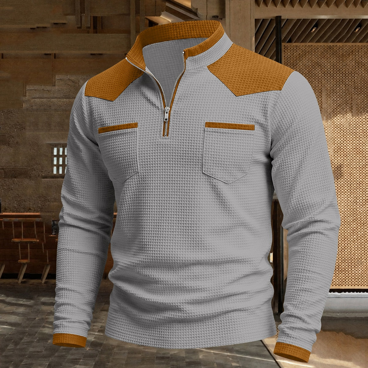 Patchwork Quarter Zip Waffle Polo