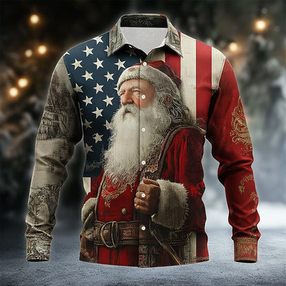 Christmas Santa Eagle Flag Button Shirt