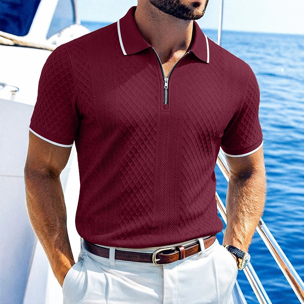 Zipper Textured Waffle Polo