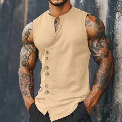 Men’s Sleeveless Linen Shirt - Mandarin Collar