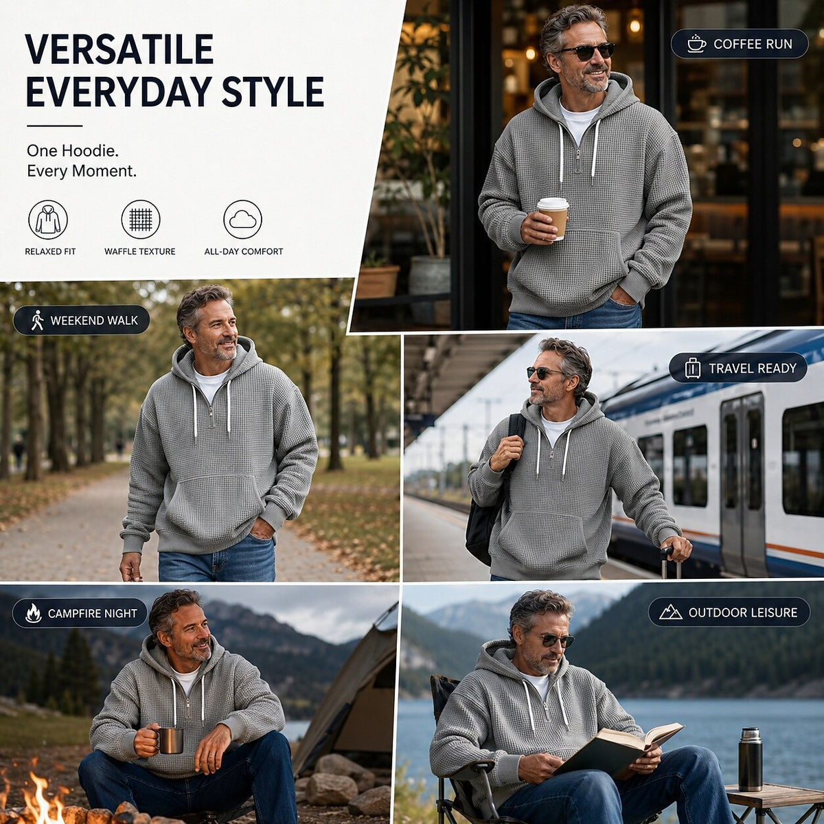 Classic Waffle Knit Quarter Zip Hoodie
