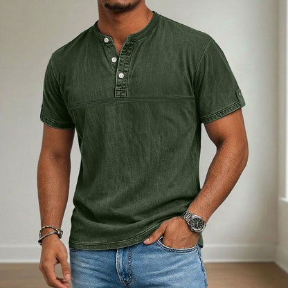 100% Cotton Henley T-Shirt-Vintage Washed Look