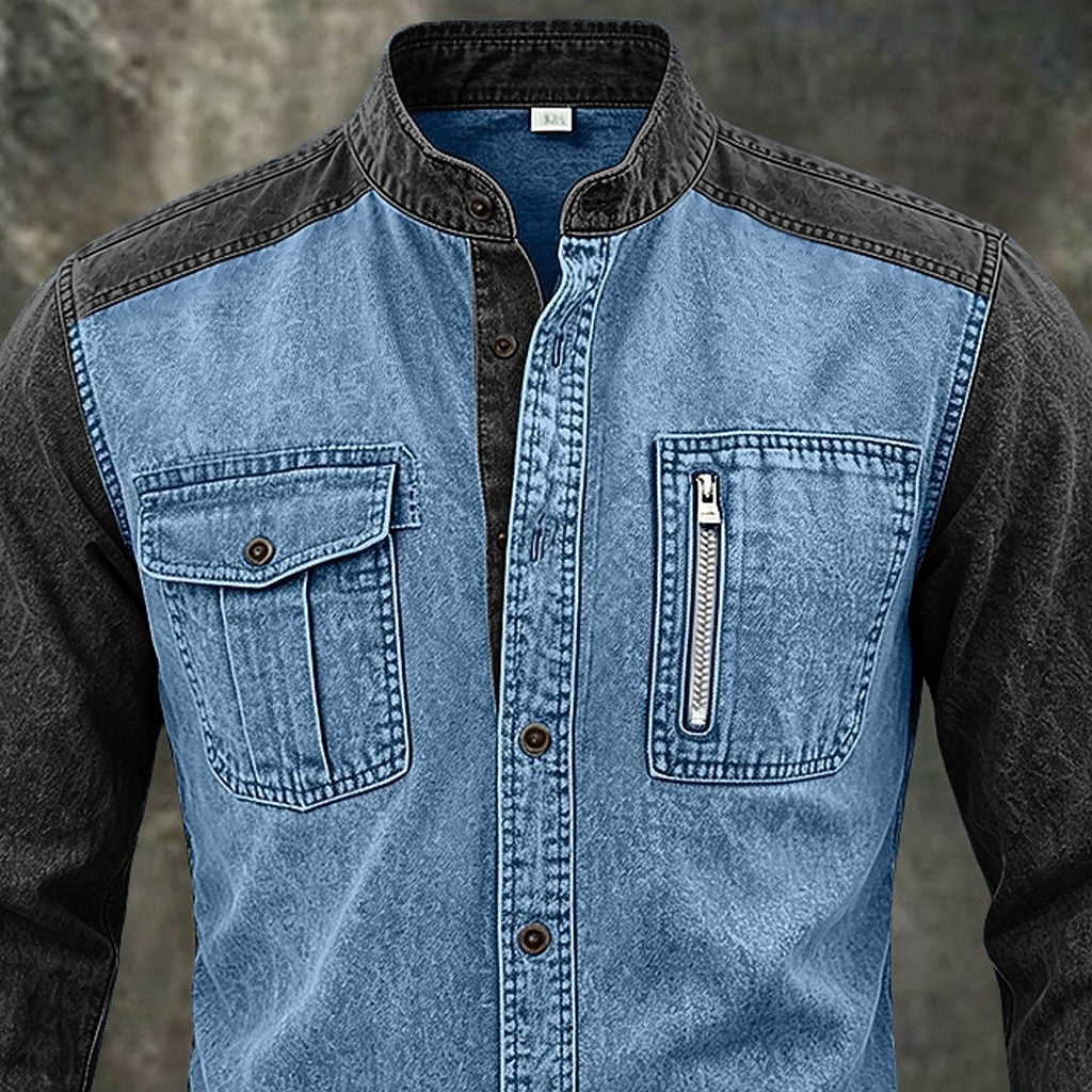 Vintage Mandarin Collar Pocket Shirt