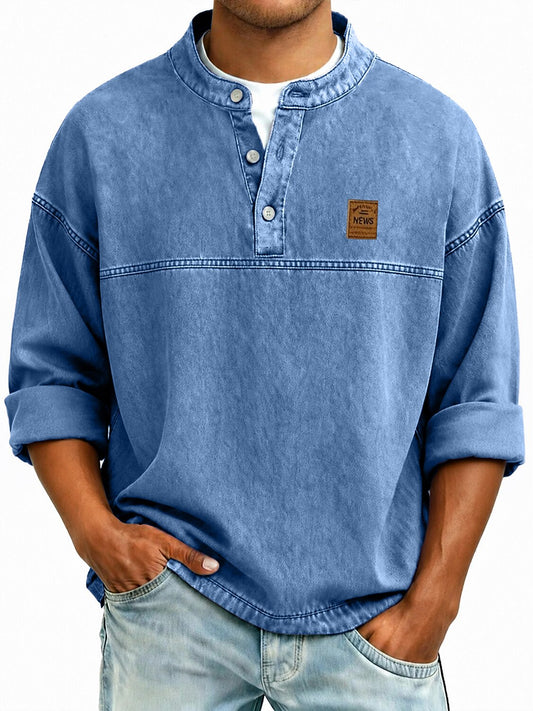 Retro Washed Cotton Henley Shirt