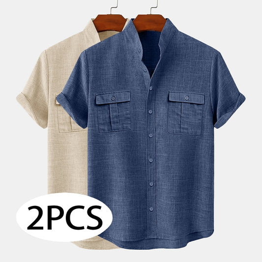 2-Pack Band Collar Linen Shirts