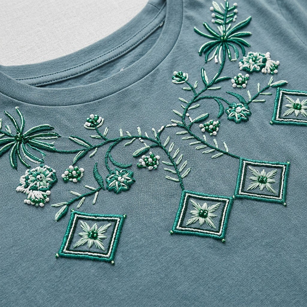 Close-up of green floral and geometric embroidery on a LoomBasics blue cotton tee.