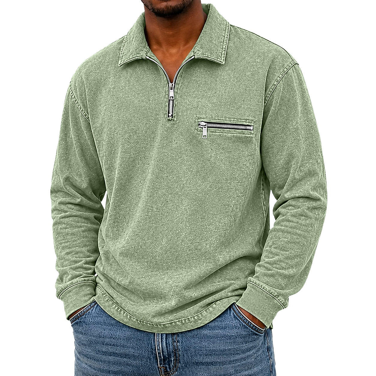 Broken-In Zip Up Cotton Polo Shirt