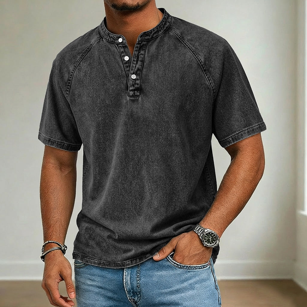 Retro 100% Cotton Demin Henley T-Shirt