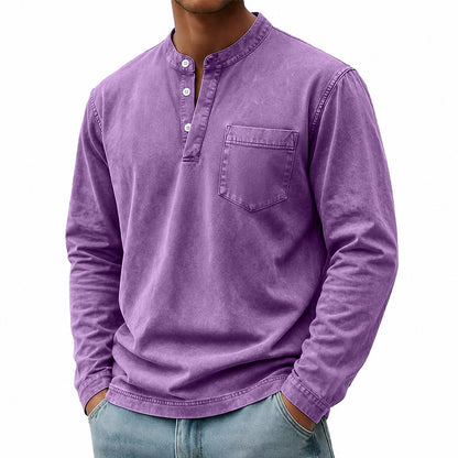 100% Cotton Henley T-Shirt-Vintage Washed Look
