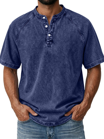 Men's Retro Henley Tee-100% Cotton, Vintage Washed Short Sleeve