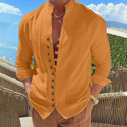 Men's Cotton Linen Shirt- Button-Up Band Collar