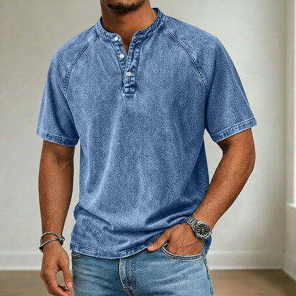 Retro 100% Cotton Demin Henley T-Shirt