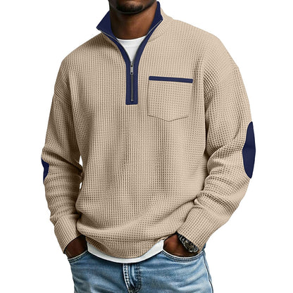 Patchwork Waffle Quarter Zip Polo Shirts