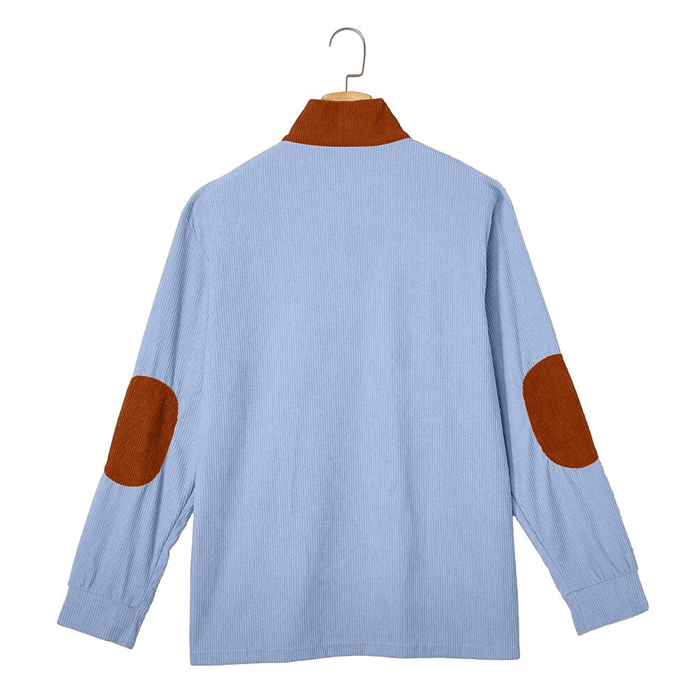 Patchwork Corduroy Zipped Henley Shirt