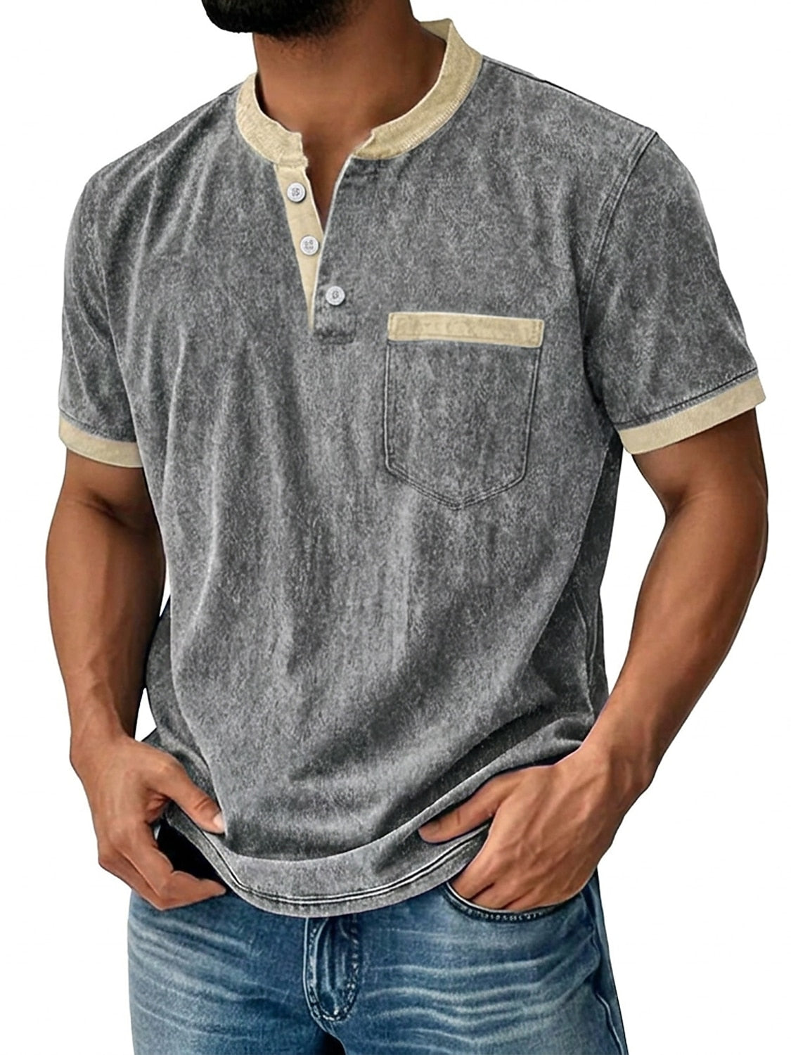 Retro 100% Cotton Acid Wash Henley T shirt