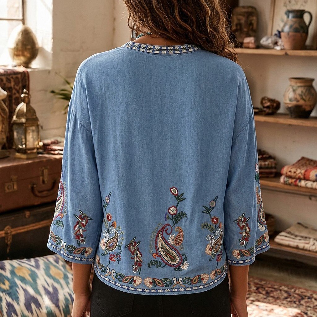 Back view of a LoomBasics blue cotton boho blouse with floral embroidery