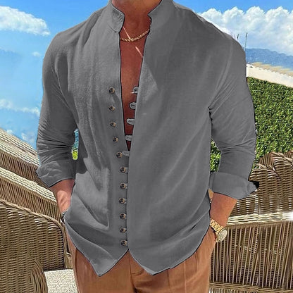 Men's Cotton Linen Shirt- Button-Up Band Collar