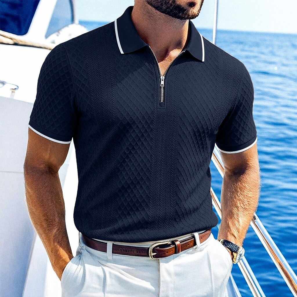 Zipper Textured Waffle Polo