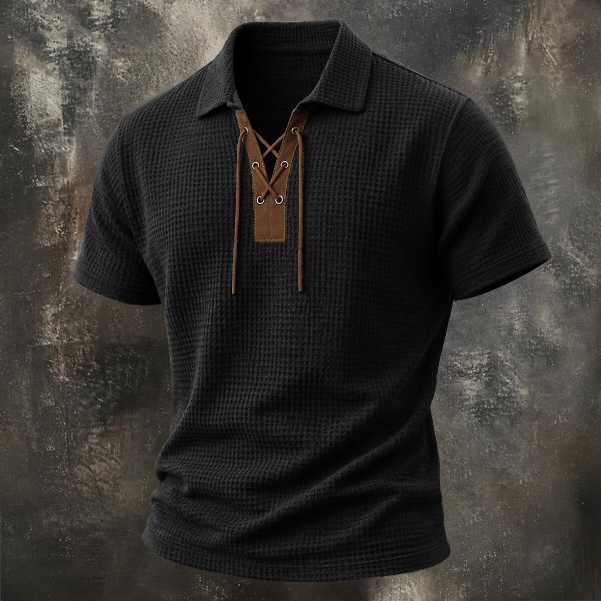 Vintage Lace-Up Collar Waffle Henley Shirt